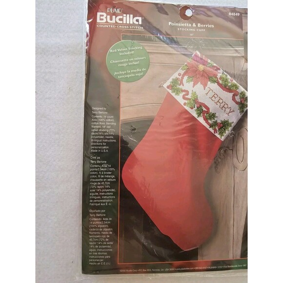 Bucilla Crosstitch Kit Poinsettia Berries Christmas Stocking 18" Cuff 84849 NOS - Picture 2 of 5